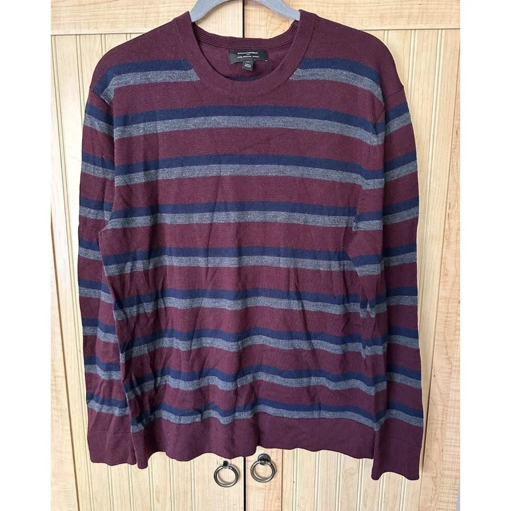 Banana Republic Factory Sweater‎ Merino Wool Striped Navy Gray Sz M Lightweight